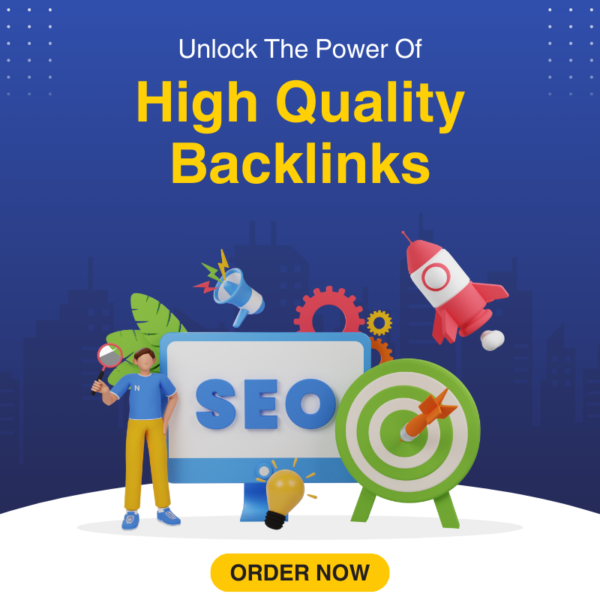 This image is an advertisement focused on search engine optimization (SEO). The central theme is “Unlock The Power Of High Quality Backlinks” which emphasizes the importance of backlinks in improving a website’s SEO. Various graphic elements are used to convey different aspects of SEO and digital marketing. A rocket symbolizes growth or speed, indicating rapid improvement in search rankings. A target with an arrow in the bullseye represents precision and achieving SEO goals. A lightbulb signifies ideas and innovation, suggesting creative strategies for SEO. There are also icons representing links and data analysis, highlighting the technical aspects of SEO. A character holding a magnifying glass towards the word “SEO” suggests the importance of focusing on SEO strategies. At the bottom, there’s a call-to-action button that says “ORDER NOW,” indicating that this is promotional material for SEO services. The overall design is colorful and engaging, aiming to attract attention and encourage viewers to take action.