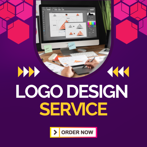 The image showcases a graphic design workspace, emphasizing logo design services. At the center, there’s a computer monitor displaying various logo designs and geometric shapes, indicating an active design process. Surrounding the monitor are items like notes, a pen, and what appears to be a graphics tablet or sketchpad, suggesting a creative environment. The text “LOGO DESIGN SERVICE” is prominently displayed at the top, while a button graphic at the bottom reads “ORDER NOW,” indicating that this is an advertisement for professional logo design services. The presence of hexagonal shapes and arrows adds a dynamic and creative feel to the advertisement. It looks like a promotional image for a service that offers custom logo designs, inviting potential clients to place an order.