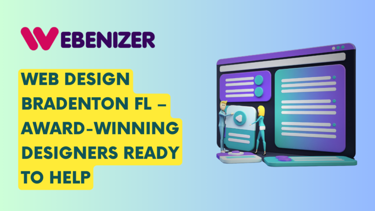 This image is a digital graphic promoting web design services in Bradenton, FL by a company named WEBENIZER. The company’s logo, a stylized letter ‘W’, is prominently displayed in the top left corner. The main focus is a large computer monitor showcasing a webpage layout with various design elements like text boxes and buttons. Three figures, likely representing designers or team members, are interacting with the display—one holding a magnifying glass to the screen, another touching the screen, and the third standing beside it with an oversized pencil. The background is purple with light accents, and the text reads “WEB DESIGN BRADENTON FL - AWARD-WINNING DESIGNERS READY TO HELP”. This image effectively communicates the web design services offered, emphasizing both the location-specific service and the expertise of the designers.