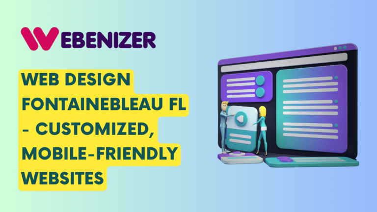 The image is an advertisement for WEBENIZER Web Design, a company based in Fontainebleau, Florida. It highlights their service of creating customized, mobile-friendly websites. The graphic features a large desktop monitor displaying a stylized webpage layout, with two smaller human figures interacting with the monitor and a tablet device, emphasizing the web design and mobile-friendly aspects of the service. The background is purple, and there’s a yellow-green gradient shape on the left side with the company’s logo. This ad is likely targeting individuals or businesses in need of professional web design services, focusing on customization and mobile optimization.