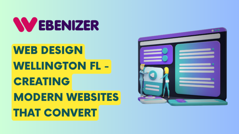 This image is an advertisement for web design services offered by a company named “WEBENIZER” in Wellington, FL. The logo of WEBENIZER is prominently displayed in the top left corner, featuring a gradient of purple and blue hues. The central part of the image showcases a large computer monitor displaying a webpage layout, complete with text boxes and an image placeholder. Beside the monitor, there are two human figures, one of whom appears to be holding a stylus or pen, suggesting they are actively working on the website design. The text below this scene reads, “WEB DESIGN WELLINGTON FL - CREATING MODERN WEBSITES THAT CONVERT,” emphasizing the company’s focus on developing modern, visually appealing websites that are also effective in converting visitors into customers or users. The background features shades of purple and blue with abstract shapes, reinforcing the theme of web design and technology.